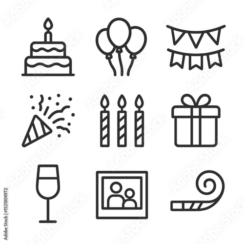 Family Celebration Icons. Outline icon set of joint family celebrations: cake, balloons, banner, confetti, candles, gift,