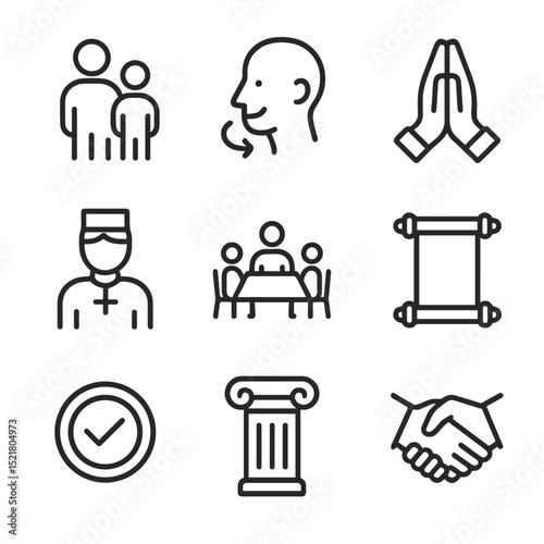Family Approval Icons. Outline icon set of family and cultural approval: parent silhouette, nodding head, blessing hands,