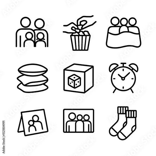 Family Night Icons. Outline icon set of family movie night: parents and kids silhouette, popcorn sharing, group blanket, pillow