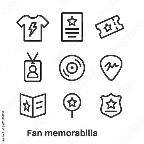 Fan Memorabilia Icons. Outline icon set of fan memorabilia: band T-shirt, concert poster, ticket stub, backstage pass, vinyl