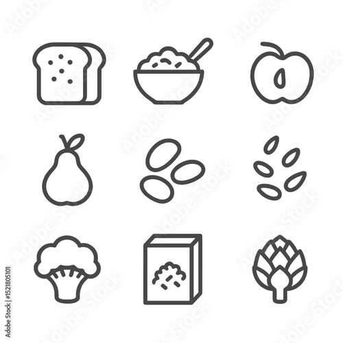 Fiber Source Icons. Outline icon set of dietary fiber sources: whole grain bread, oatmeal bowl, apple slice, pear, lentils, chia