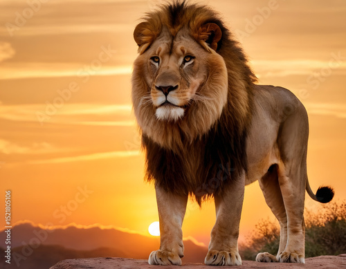 Portrait of a lion, Lion of Judah, exuding strength and power. Christian conceptual illustration, lion in the sunset