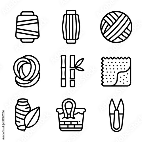 Fiber Weaving Icons. Outline icon set of weaving synthetic fibers: polyester spool, nylon filament, acrylic yarn, rayon hank,