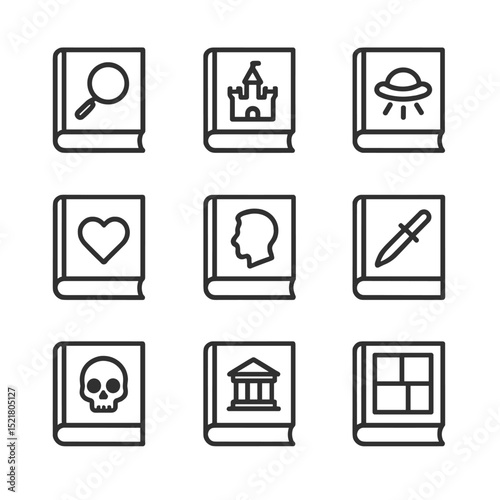 Fiction Genre Icon Set. Outline icon set of genre fiction collection: mystery novel, fantasy epic, sci-fi paperback, romance