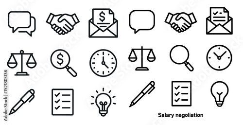 Business icons for communication, contracts, and salary negotiations