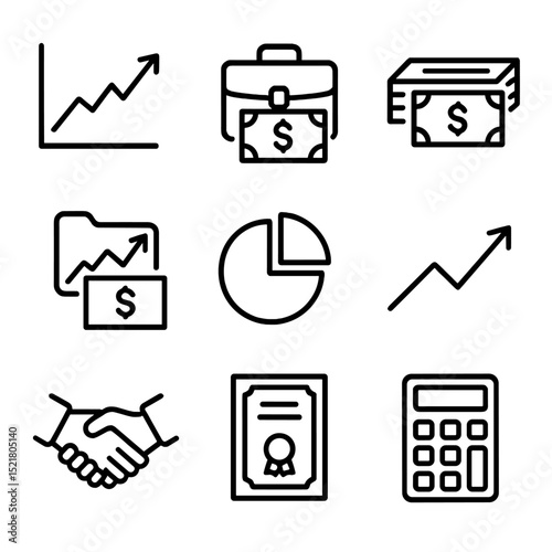 Finance Icon Set. Outline icon set of foreign investment and finance: stock chart, briefcase with money, banknote stack,