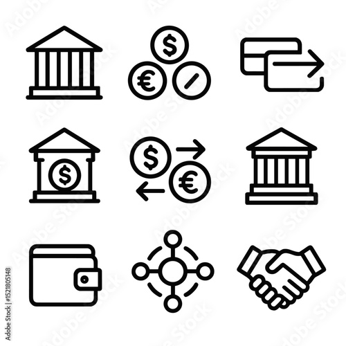 Financial Icons Grid. Outline icon set of financial integration mechanisms: bank building, currency symbols, credit transfer,