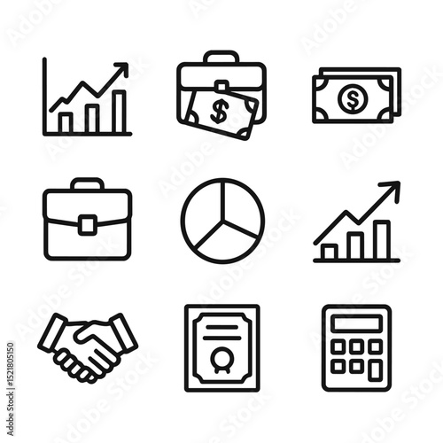Finance Icon Set. Outline icon set of foreign investment and finance: stock chart, briefcase with money, banknote stack,