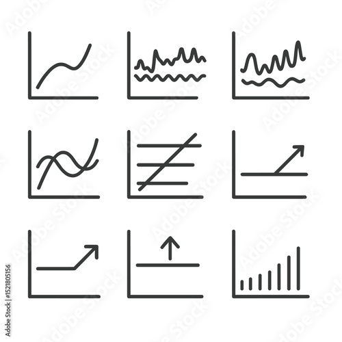 Financial Icons Grid. Outline icon set of financial chart types: line chart, bar chart, candlestick chart, area chart, scatter