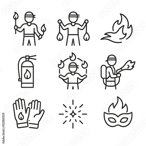 Fire Performance Icons. Outline icon set of fire performance artists: fire staff, poi balls, flame trail, safety extinguisher,