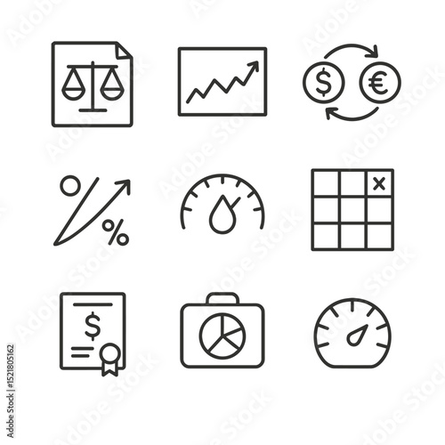 Financial Risk Icons. Outline icon set of financial risk assessment: balance sheet, stock chart, currency exchange, interest rate,