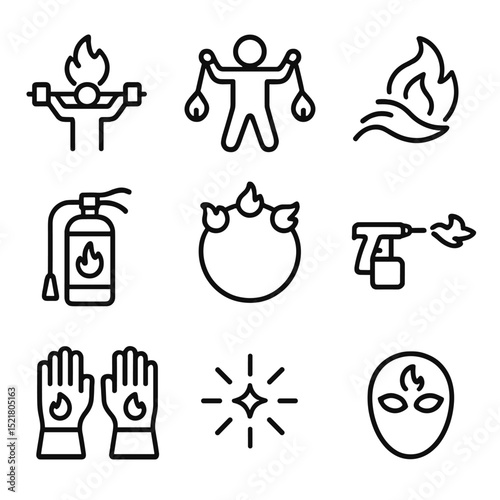 Fire Performance Icons. Outline icon set of fire performance artists: fire staff, poi balls, flame trail, safety extinguisher,