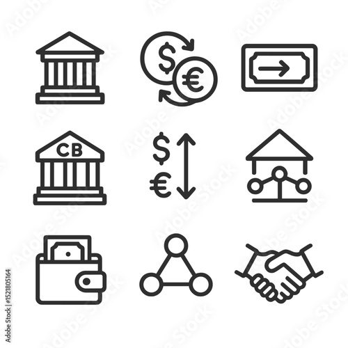 Financial Icons Grid. Outline icon set of financial integration mechanisms: bank building, currency symbols, credit transfer,