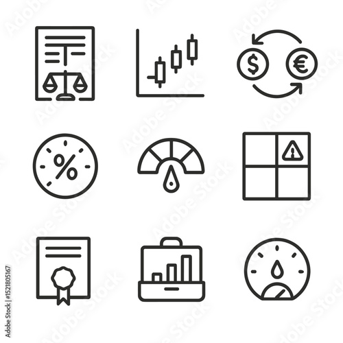 Financial Risk Icons. Outline icon set of financial risk assessment: balance sheet, stock chart, currency exchange, interest rate,