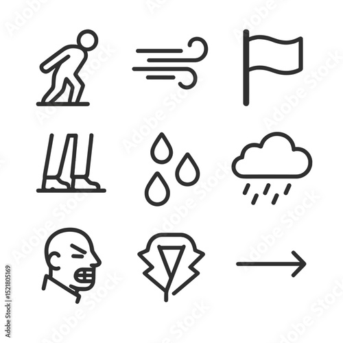 Firm in Gale Icons. Outline icon set of standing firm in gale: human figure, diagonal wind lines, flag blowing, steady footing,