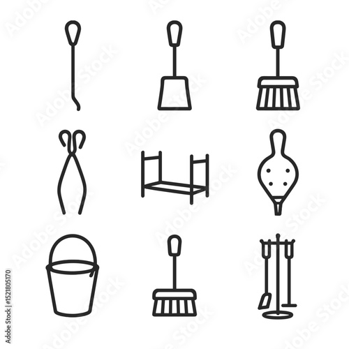 Fireplace Tool Icons. Outline icon set of fireplace toolset: poker, shovel, broom, tongs, log rack, bellows, ash bucket, hearth