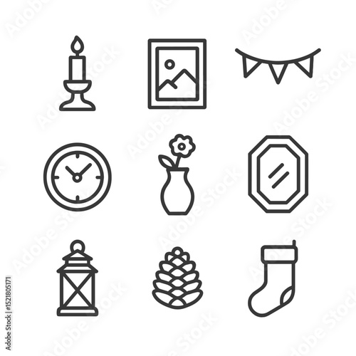 Fireplace Decor Icons. Outline icon set of fireplace mantel decor: candleholder, photo frame, garland, clock, vase, mirror,