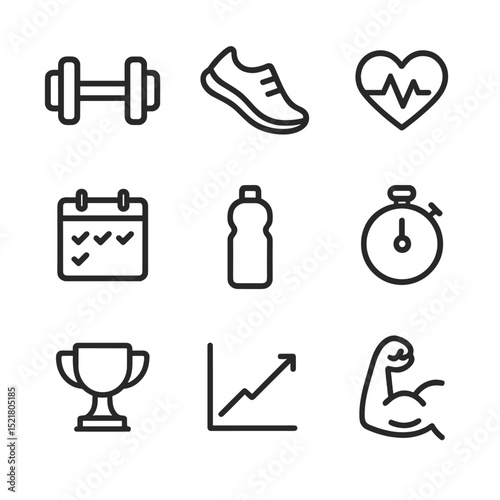 Fitness Icon Set. Outline icon set of fitness pledges: dumbbell, running shoe, heart rate monitor, workout calendar, water bottle,