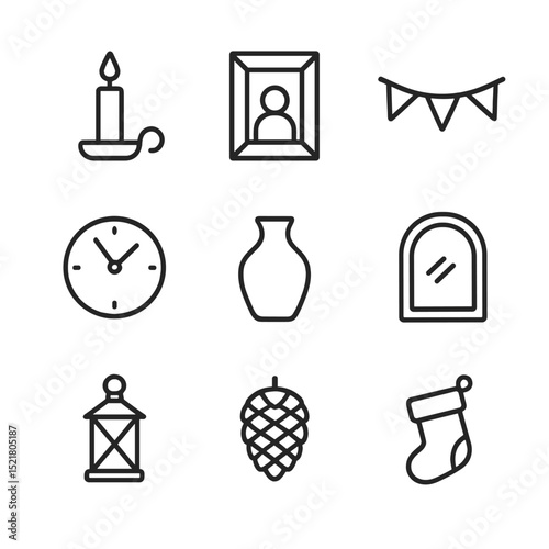 Fireplace Decor Icons. Outline icon set of fireplace mantel decor: candleholder, photo frame, garland, clock, vase, mirror,