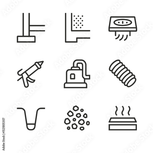Foundation Waterproofing Icons. Outline icon set of foundation waterproofing system: foundation, waterproof membrane, drainage,
