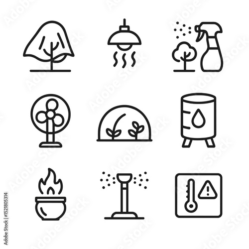 Frost Protection Icons. Outline icon set of frost protection strategies: frost cloth, heat lamp, water mist spray, wind machine,