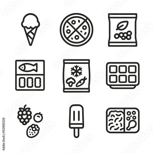 Frozen Foods Icons. Outline icon set of frozen foods section: ice cream cone, frozen pizza, peas bag, fish sticks box, frozen