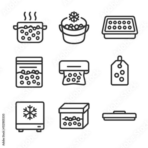 Frozen Pea Processing Icons. Outline icon set of frozen pea processing: blanching pot, ice bath bucket, freezing tray, zipper bag,