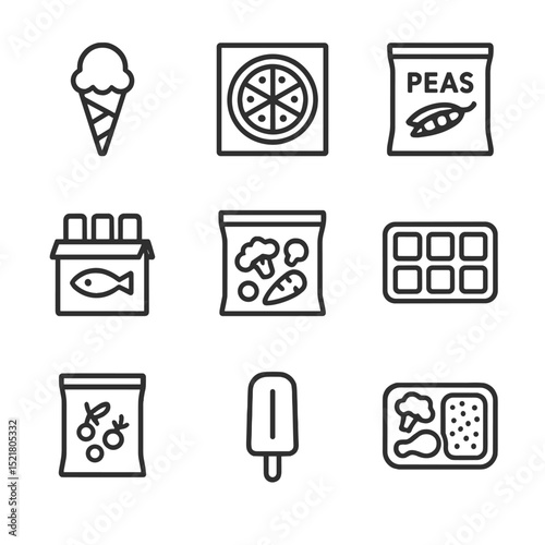 Frozen Foods Icons. Outline icon set of frozen foods section: ice cream cone, frozen pizza, peas bag, fish sticks box, frozen