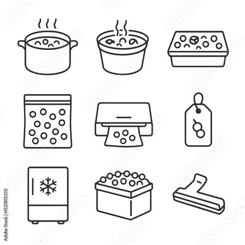 Frozen Pea Processing Icons. Outline icon set of frozen pea processing: blanching pot, ice bath bucket, freezing tray, zipper bag,