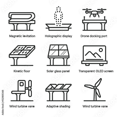 Futuristic Skybridge Icons. Outline icon set of futuristic skybridge concepts: magnetic levitation track, holographic display,