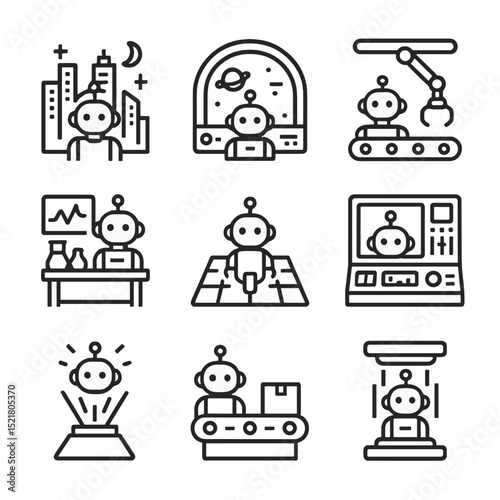 Futuristic Robot Icons. Outline icon set of futuristic robot environments: neon cityscape, space station, factory floor,