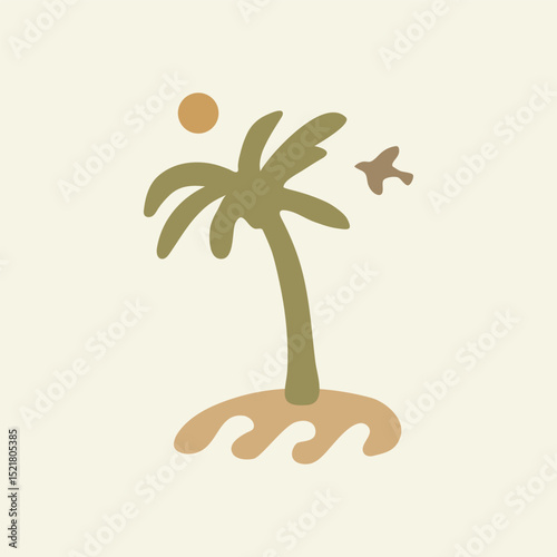 Palm tree on the beach in pastel colors on a light background. Hand drawn vector abstract graphic, flat art with organic shapes. Simple beach concept design for print, logo, web.