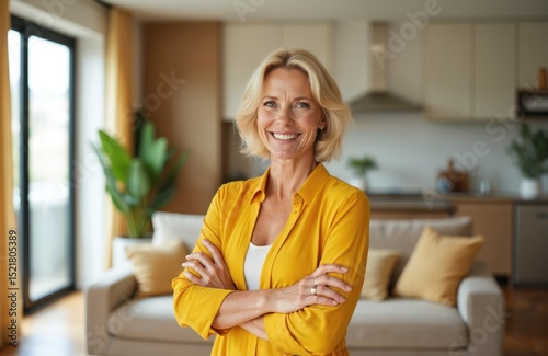 Attractive confident mature blonde woman wearing yellow dress crosses arms, smiles. Happy female poses in her newly renovated apartment near sofa and windows. Confident lady, successful businesswoman.