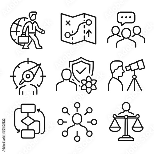 Global Leadership Icons. Outline icon set of global leadership skills: globe-trotting leader, strategic map, team feedback,