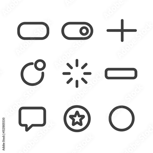 Glowing UI Icon Set. Outline icon set of glowing UI elements: glowing button, toggle switch, slider handle, notification badge,