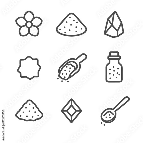 Gourmet Salt Icon Set. Outline icon set of gourmet salt varieties: fleur de sel flower, Himalayan pink mound, black lava shard,