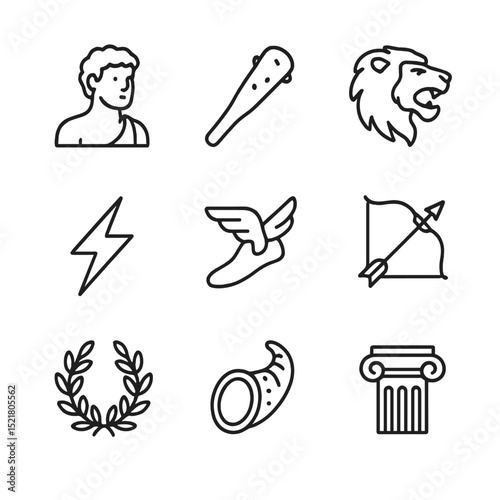 Greek Mythology Icon Set. Outline icon set of Greek myth heroes: hero bust, club, lion skin, lightning bolt, winged sandals, bow