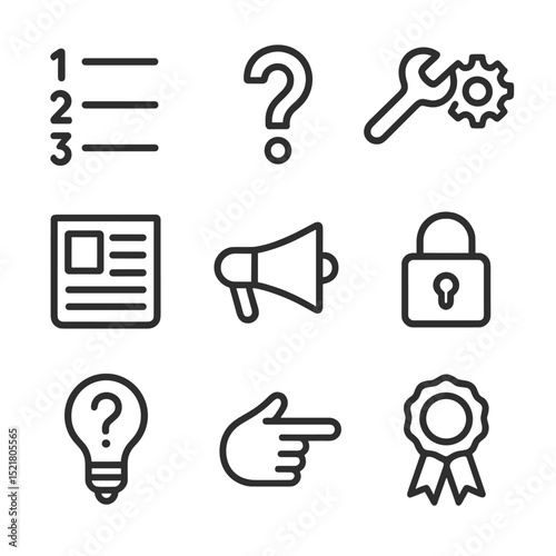 Outline Icon Grid. Outline icon set of headline structures: numbered list, question mark, wrench and gear, newspaper, megaphone,