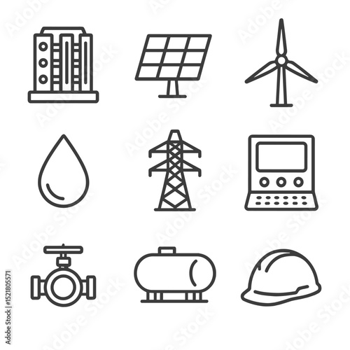 Green Hydrogen Icons. Outline icon set of green hydrogen electrolysis plant: electrolyzer stack, solar panel, wind turbine, water