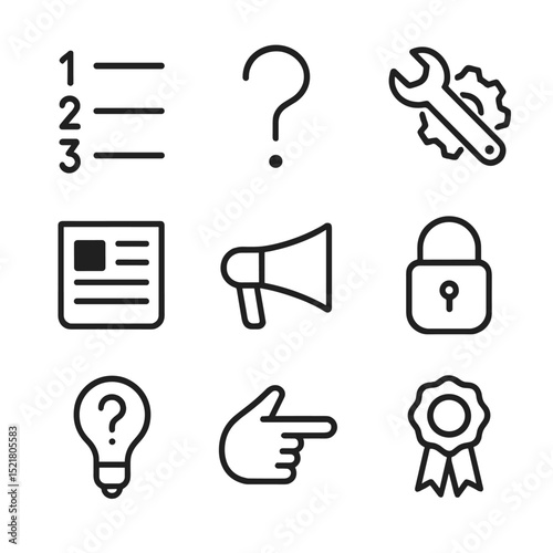 Outline Icon Grid. Outline icon set of headline structures: numbered list, question mark, wrench and gear, newspaper, megaphone,