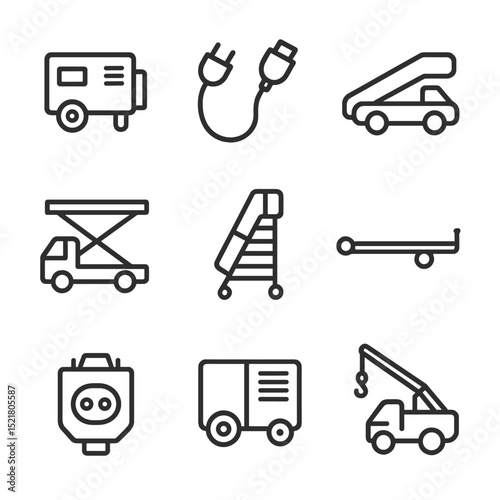 Ground Support Icons. Outline icon set of ground support equipment: ground power unit, GPU cable, belt loader, cargo loader,