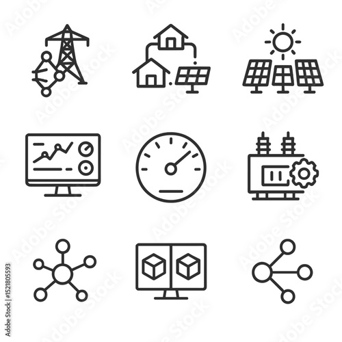 Grid Modernization Icons. Outline icon set of grid modernization: smart grid icon, microgrid cluster, distributed PV array,
