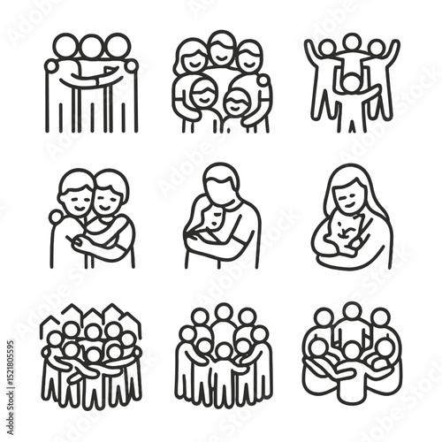 Group Hug Icons. Outline icon set of group hug moments: friends circle, family embrace, team celebration, sibling cuddle,