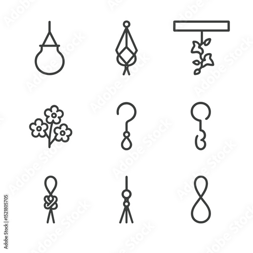 Hanging Floral Vases Icons. Outline icon set of hanging floral vase: hanging vase, macramé hanger, ivy trailing, small bloom