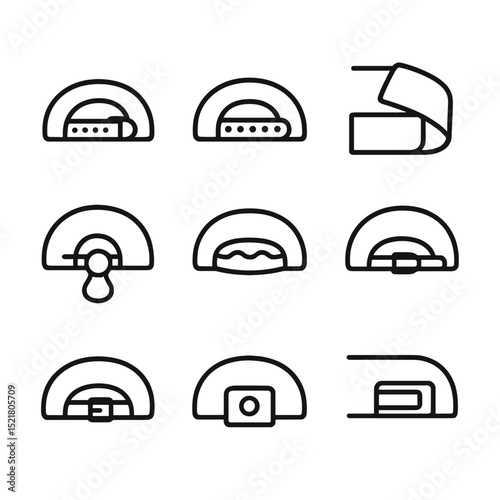 Hat Closure Icons. Outline icon set of Hat closures and fittings: adjustable strap, snapback closure, hook-and-loop fastener,
