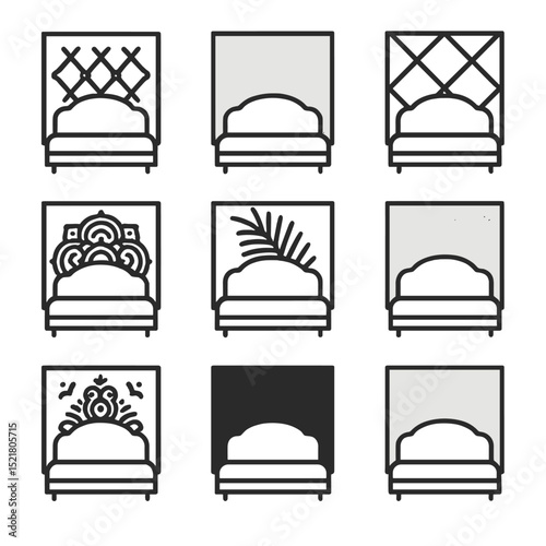 Headboard Icon Set. Outline icon set of headboard feature walls: tufted fabric print, ombre watercolor, geometric diamond, boho