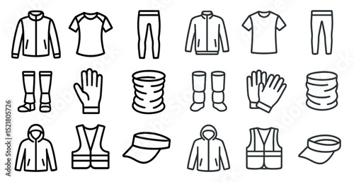 Outdoor clothing and accessories icons for apparel design and marketing