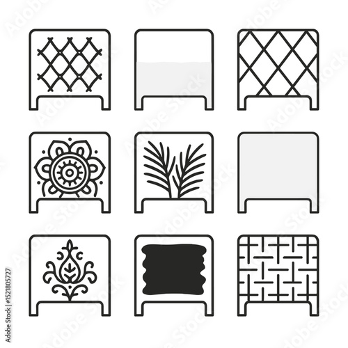 Headboard Icon Set. Outline icon set of headboard feature walls: tufted fabric print, ombre watercolor, geometric diamond, boho