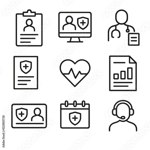 Health Insurance Icons. Outline icon set of health insurance enrollment: registration, sign-up, healthcare provider, forms,