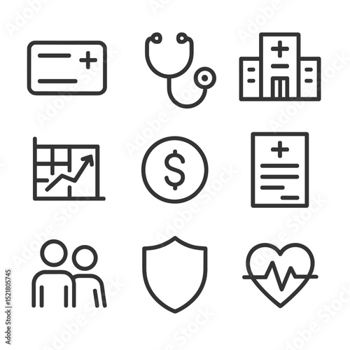 Health Insurance Icons. Outline icon set of health insurance comparison: policy card, stethoscope, hospital building, coverage